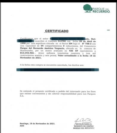 SEPULTURA PARQUE DEL RECUERDO VESPUCIO